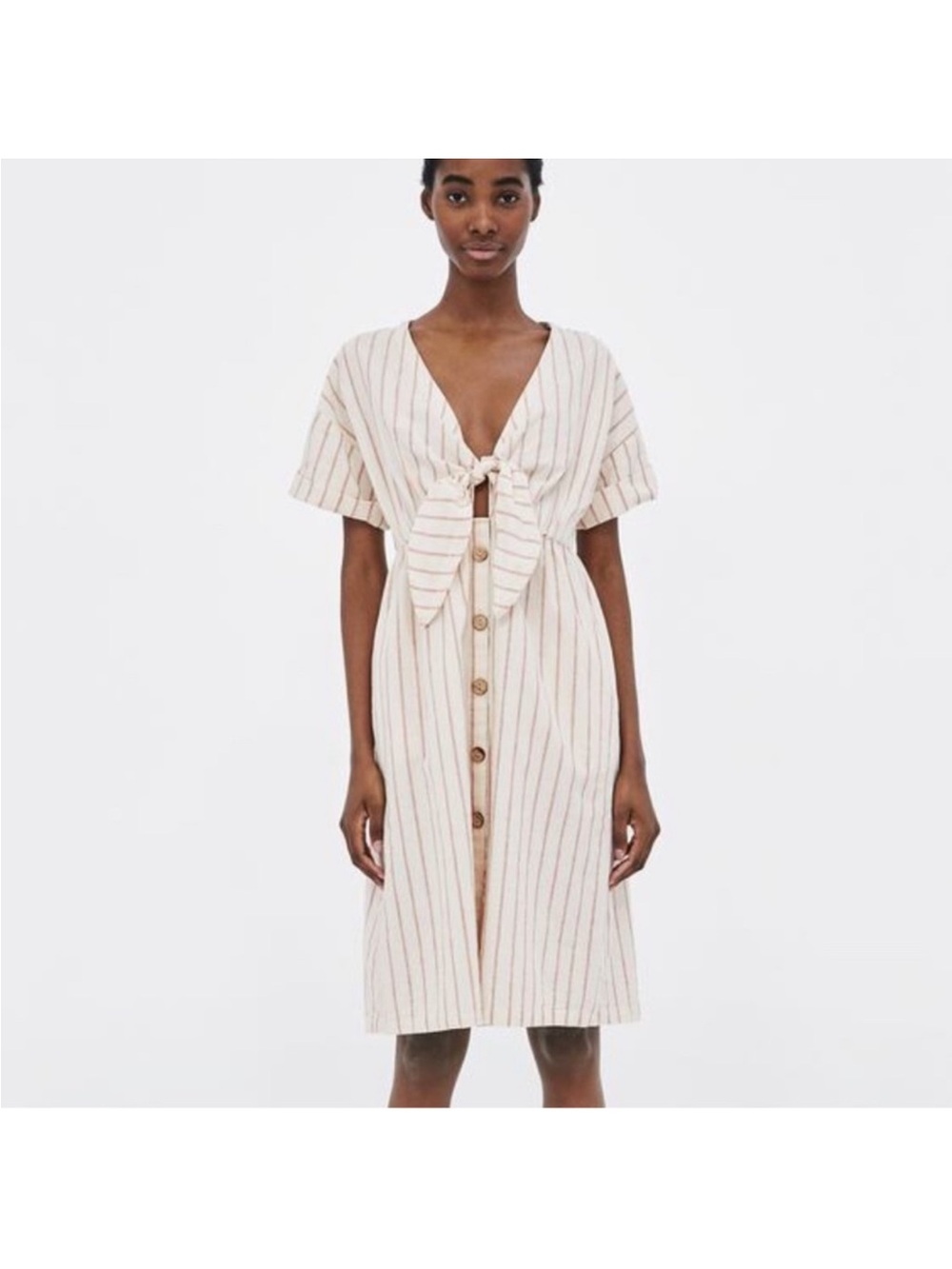 Zara Cream Midi Dress with Stripes and Front Tie - Picture 2 of 8